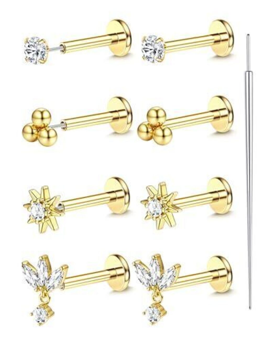 6813 18K Gold Plated Threadless Flat Back Earrings 316L Surgical Steel Push